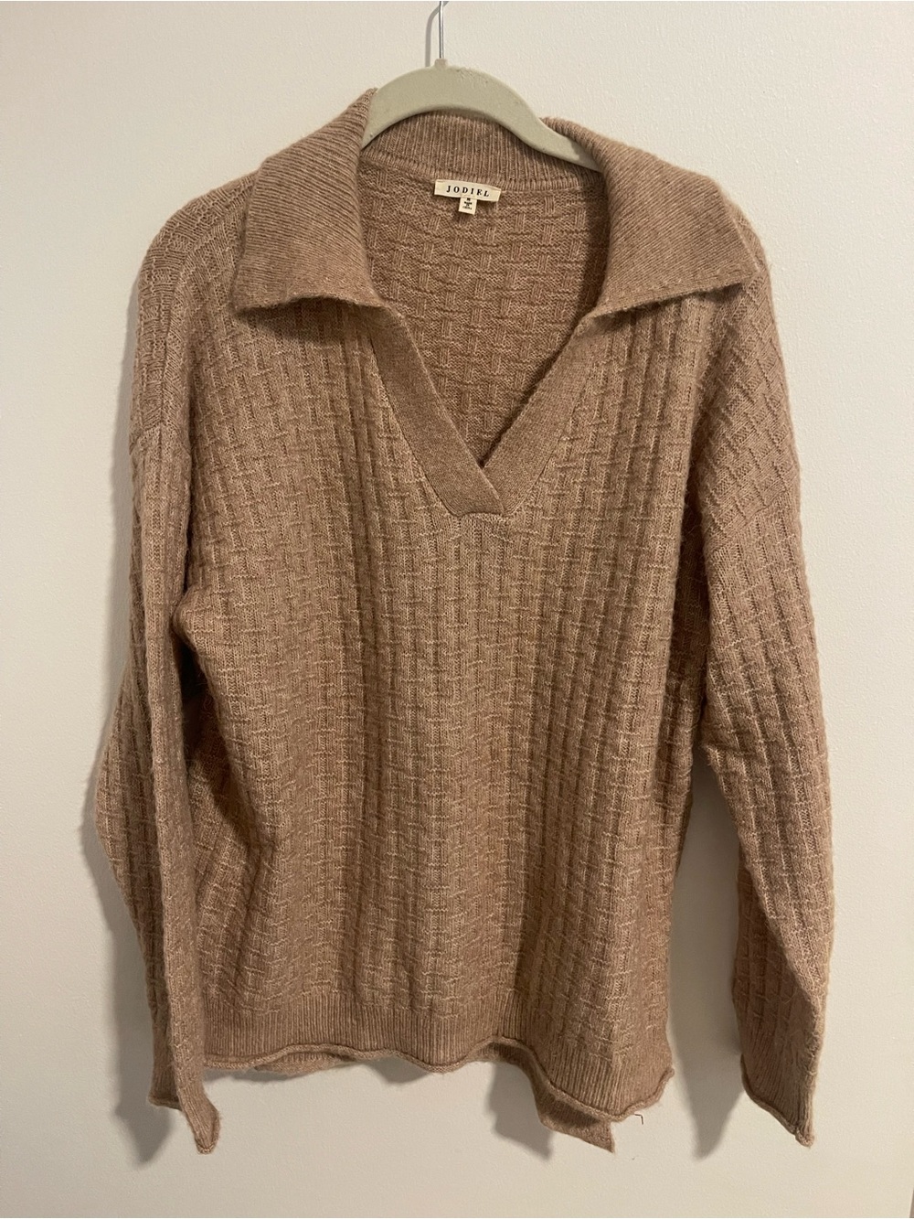 JODIFL Taupe Textured V-Neck Polo Sweater